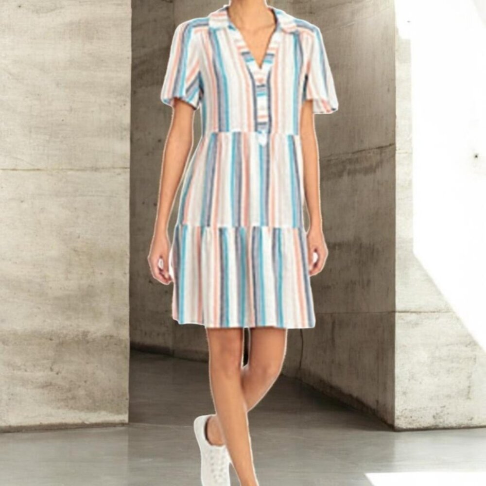 NWOT CLOVER & SLOAN (LG) Linen Blend Striped Baby Doll Short Sleeve Dress
